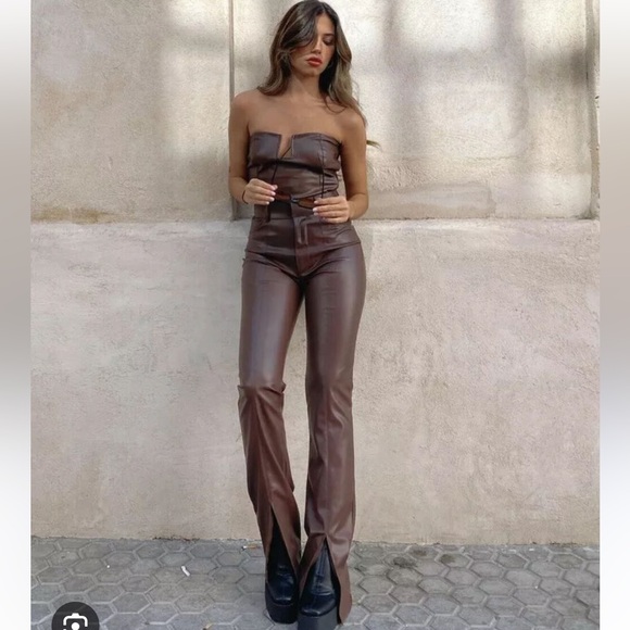 ZARA Brown Faux Leather Bodysuit Strapless Blogger Piece Size Medium BRAND NEW - Picture 3 of 12